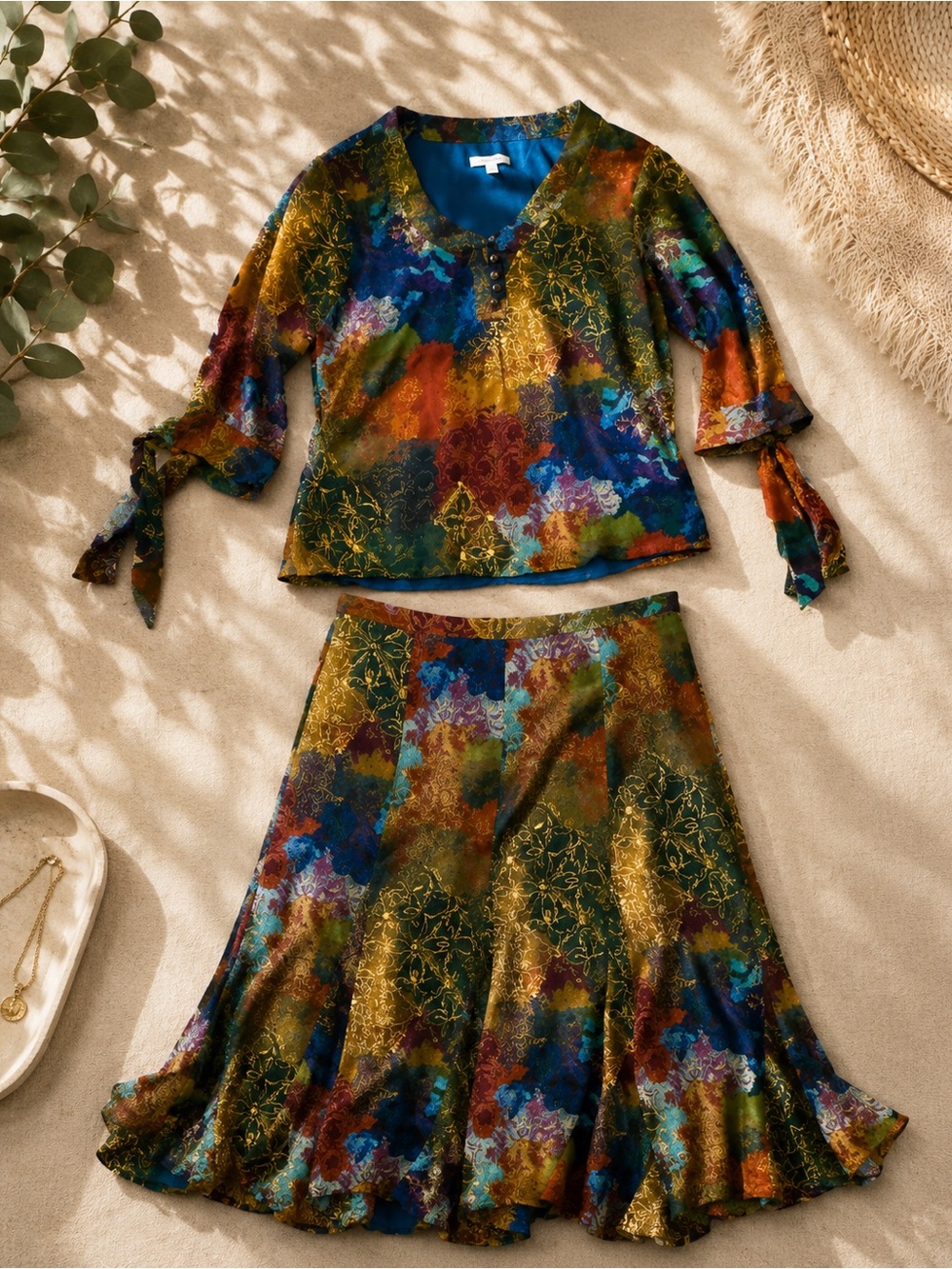 Coldwater Creek Multicolor Floral Midi Dress Set - Blue, Green, Gold, Rust